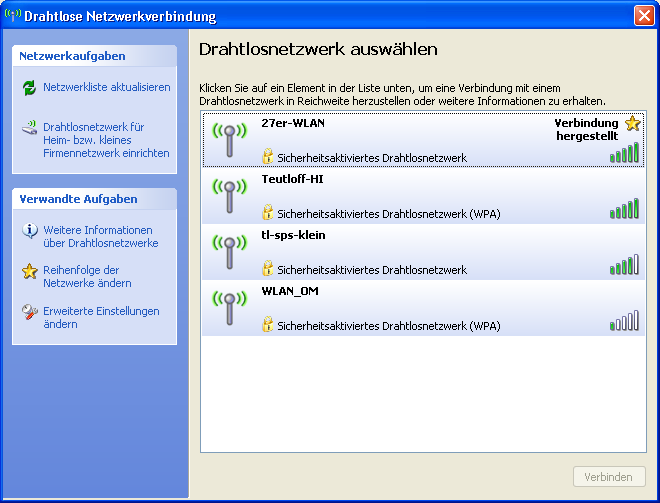 Windows-Dialog: Drahtlose Netzwerkverbindung: Drahlosnetzwerk auswählen